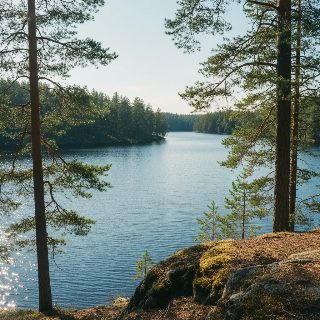 Stiller See im Nuuksio Nationalpark umgeben von Fichten und Birken
