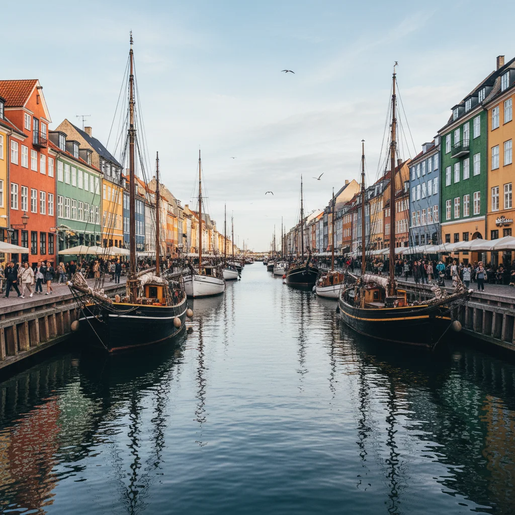 Blick über den Nyhavn Kanal mit historischen Segelschiffen