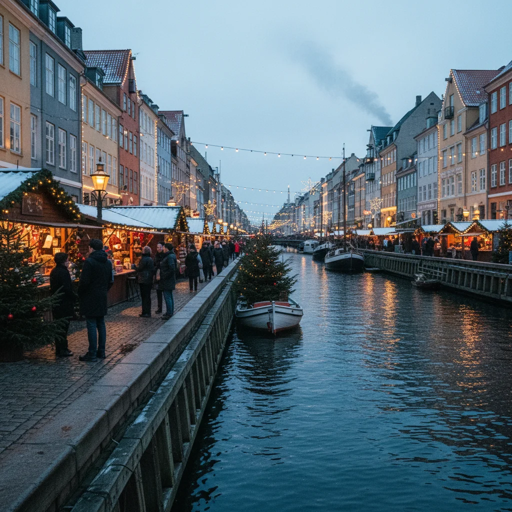Nyhavn im Winter mit Weihnachtsbeleuchtung und Marktständen