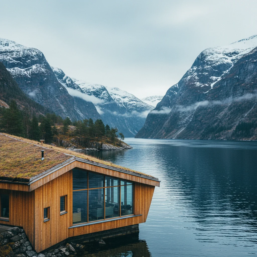 Nachhaltiges Hotel aus Holz an einem norwegischen Fjord mit Bergen im Hintergrund