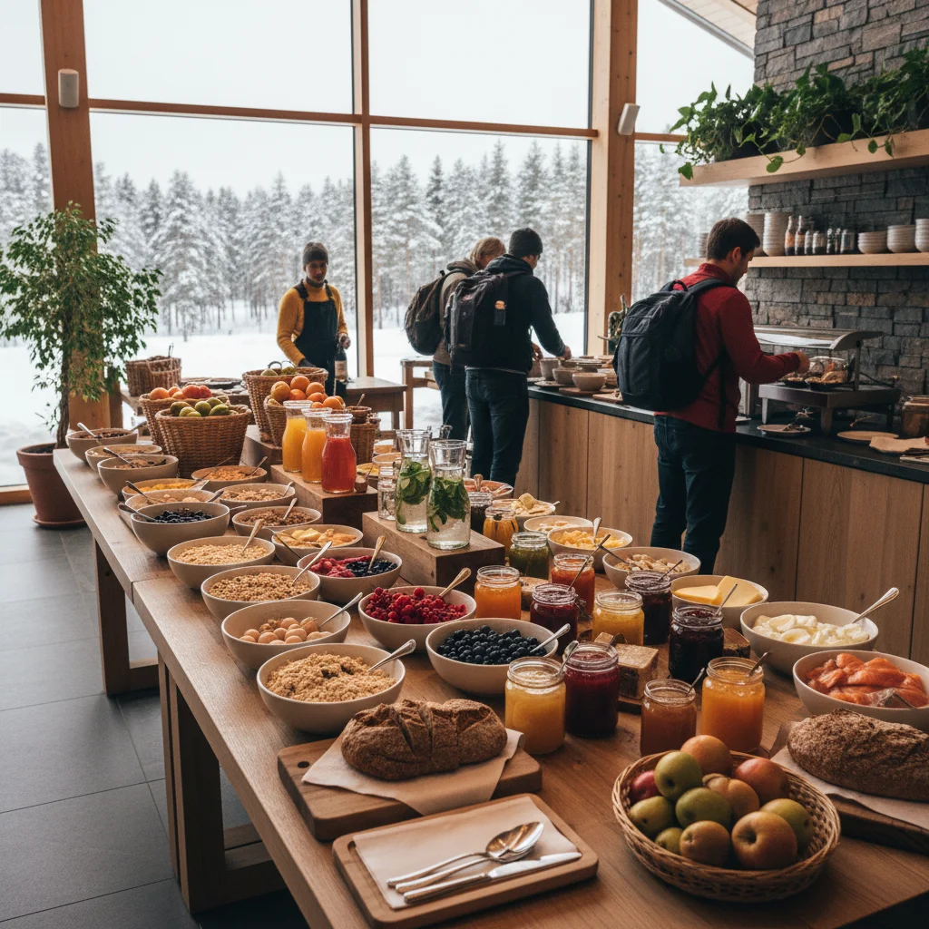 Bio-Frühstücksbuffet in einem skandinavischen Öko-Hotel mit regionalen Produkten