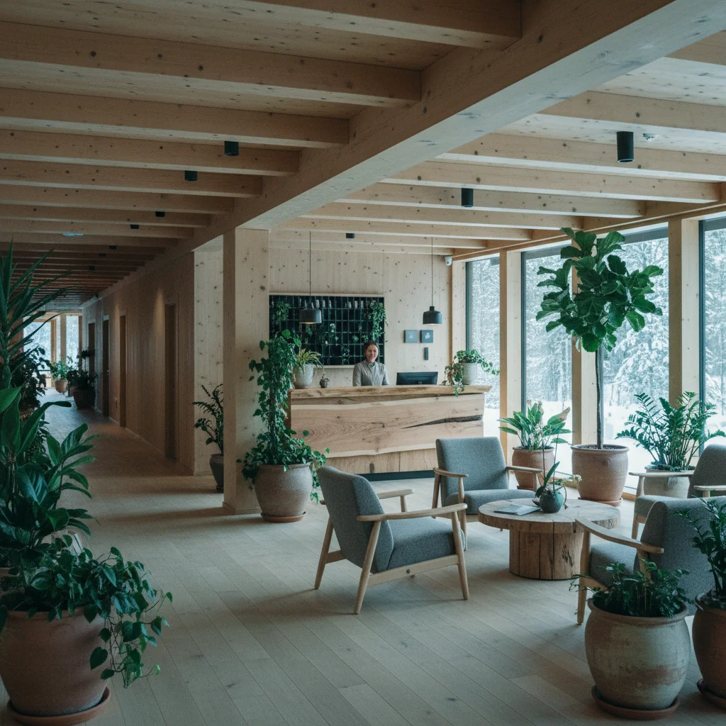 Lobby eines nachhaltigen Hotels in Skandinavien mit Holzverkleidung und Grünpflanzen
