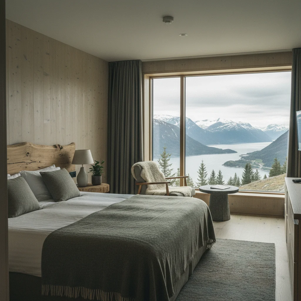 Hotelzimmer mit nachhaltiger Einrichtung aus Naturmaterialien und großem Fenster mit Blick auf eine nordische Landschaft