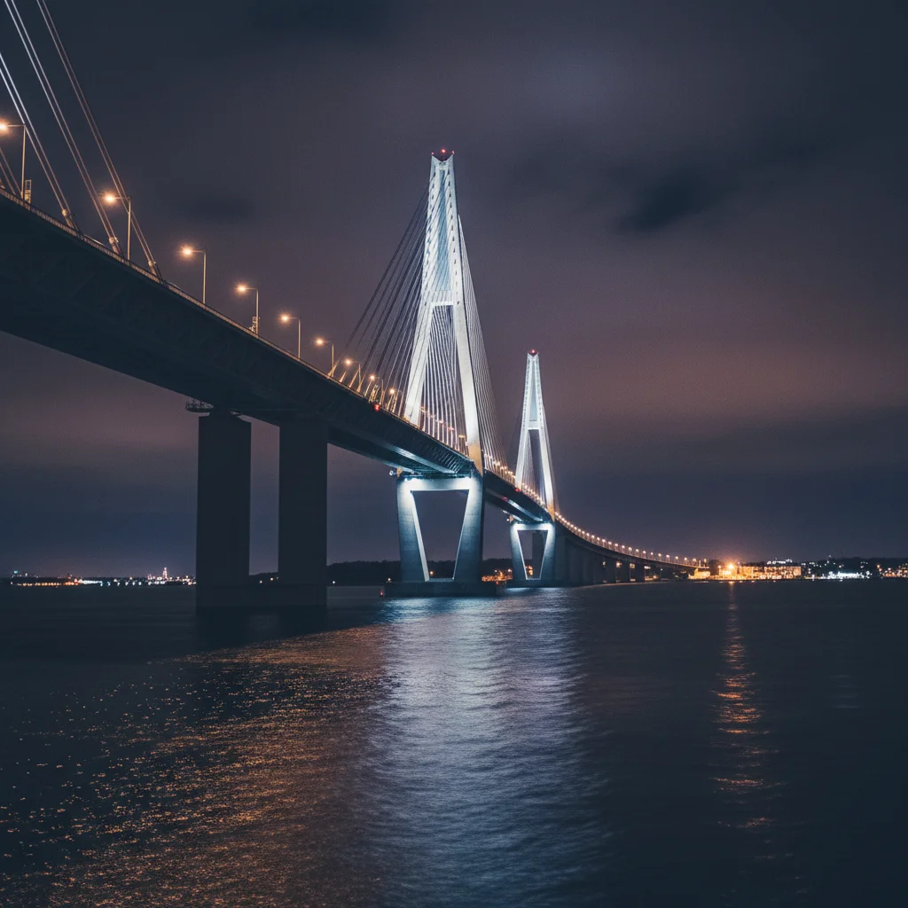 Øresundbrücke bei Nacht mit beleuchteten Pylonen