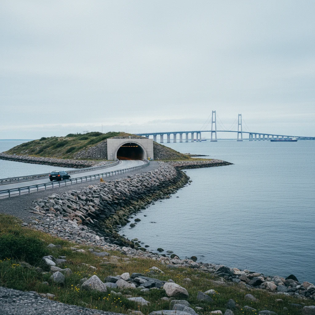 Künstliche Insel Peberholm zwischen Tunnel und Brücke im Øresund