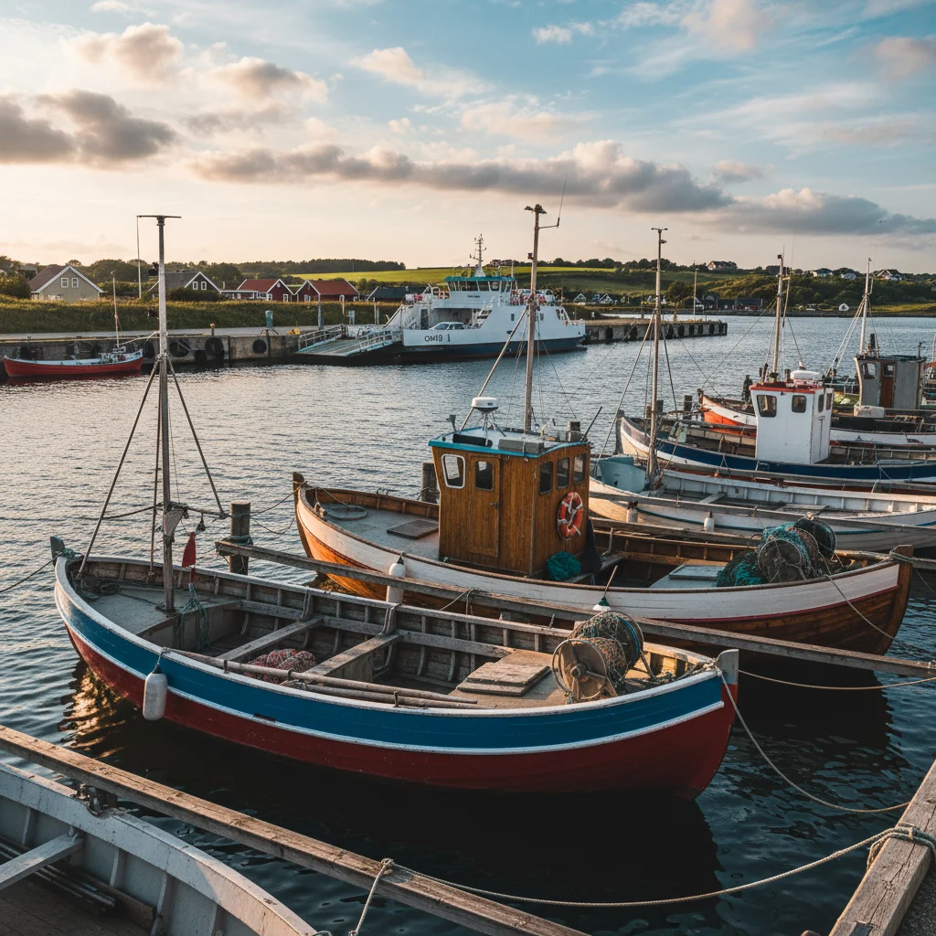 Der Hafen von Omø mit Fischerbooten und Fähranlegestelle