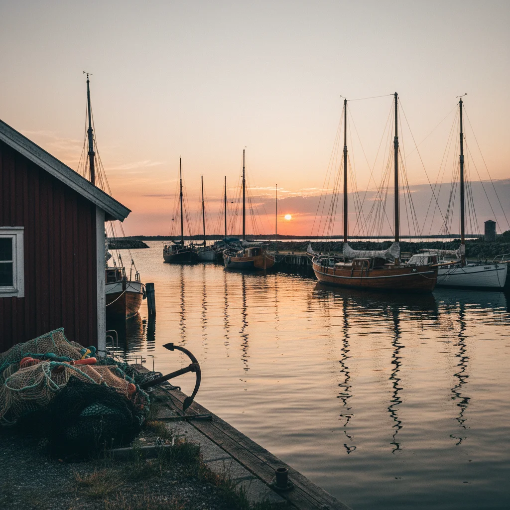 Segelboote im kleinen Hafen von Orø bei Sonnenuntergang