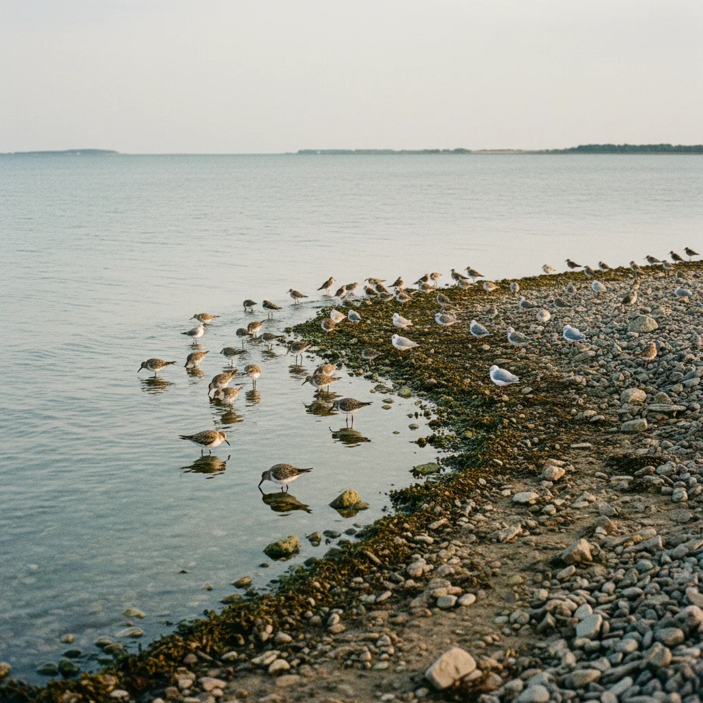 Zugvögel am Ufer der Nordspitze Lindø Hage auf Orø