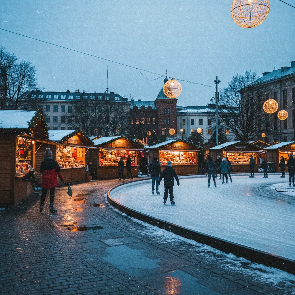 Weihnachtsmarkt am Spikersuppa in Oslo mit beleuchteten Buden und Schlittschuhbahn