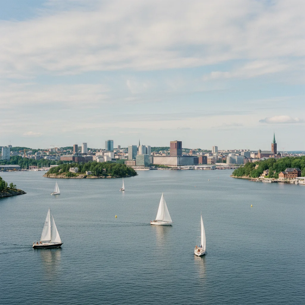 Panoramablick über den Oslofjord mit Segelbooten und der Skyline von Oslo