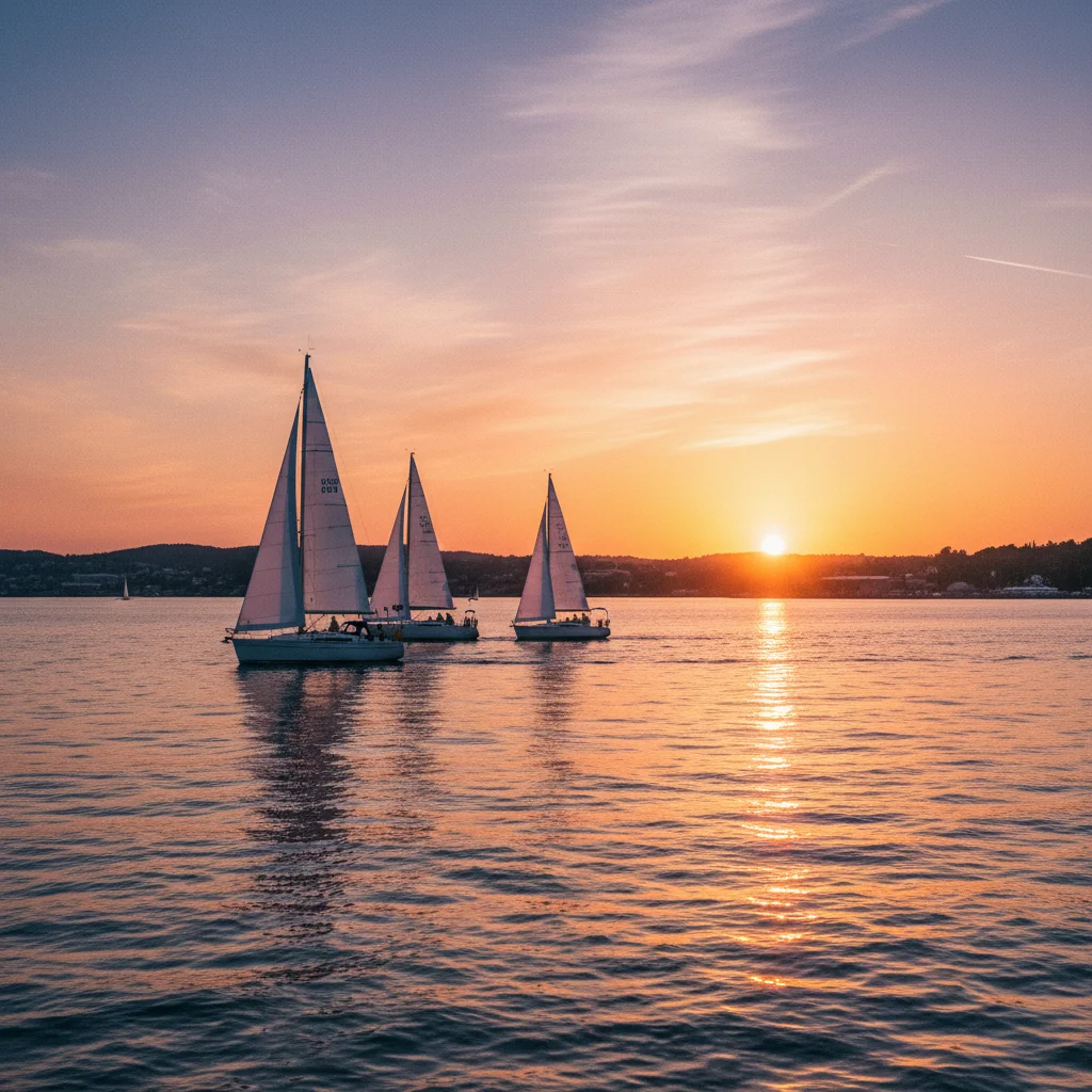 Segelboote auf dem Oslofjord bei Sonnenuntergang