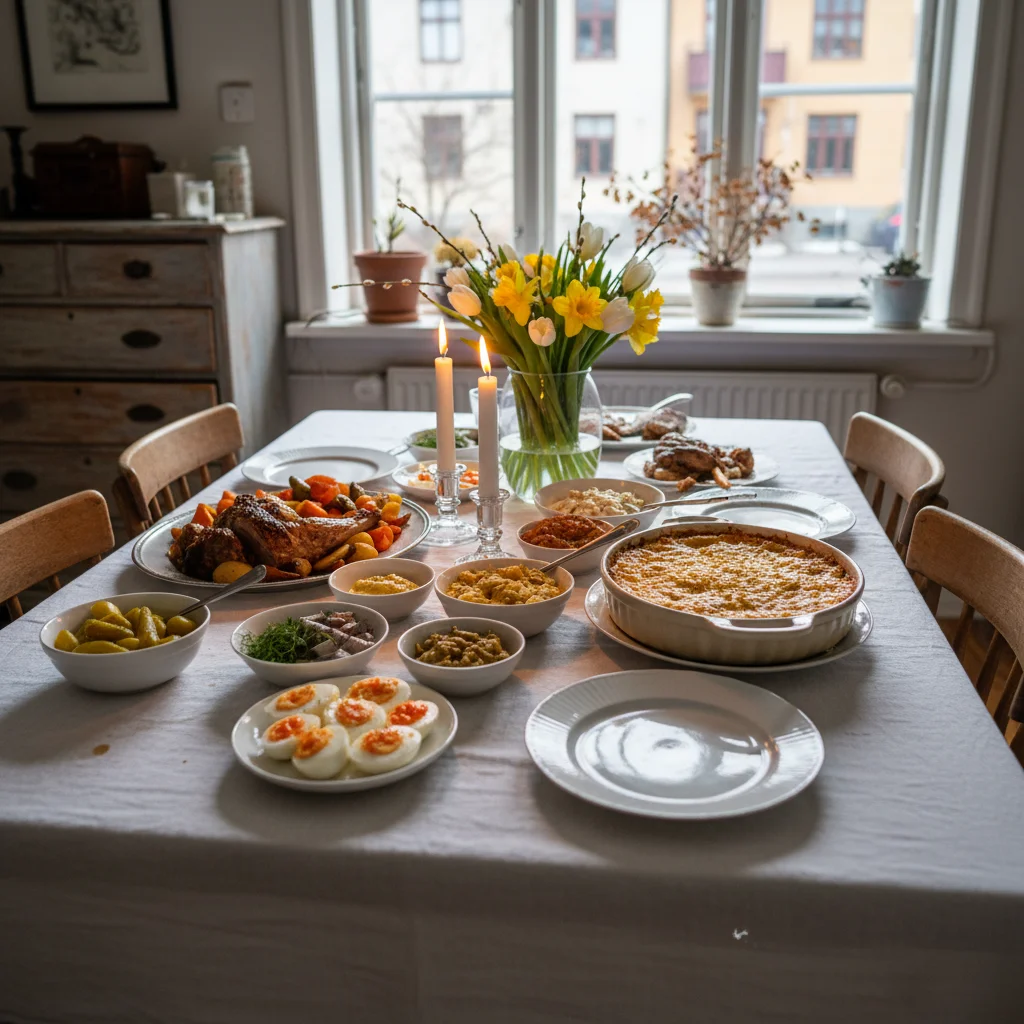 Schwedisches Osteressen mit Lammbraten, eingelegtem Hering und Kartoffeln auf gedecktem Tisch