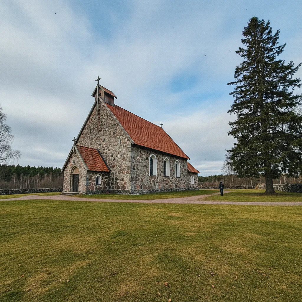 Finnische Holzkirche im Frühling zu Ostern