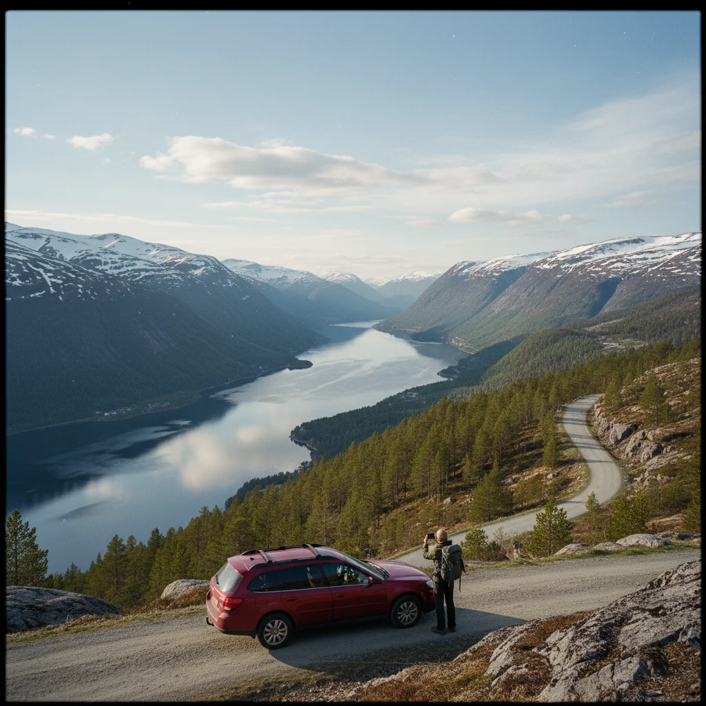 Blick von einer Berghütte über verschneite norwegische Berge zu Ostern