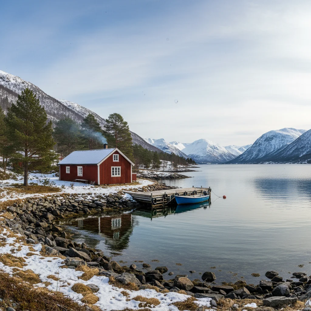 Typische norwegische Holzhütte im Schnee zu Ostern