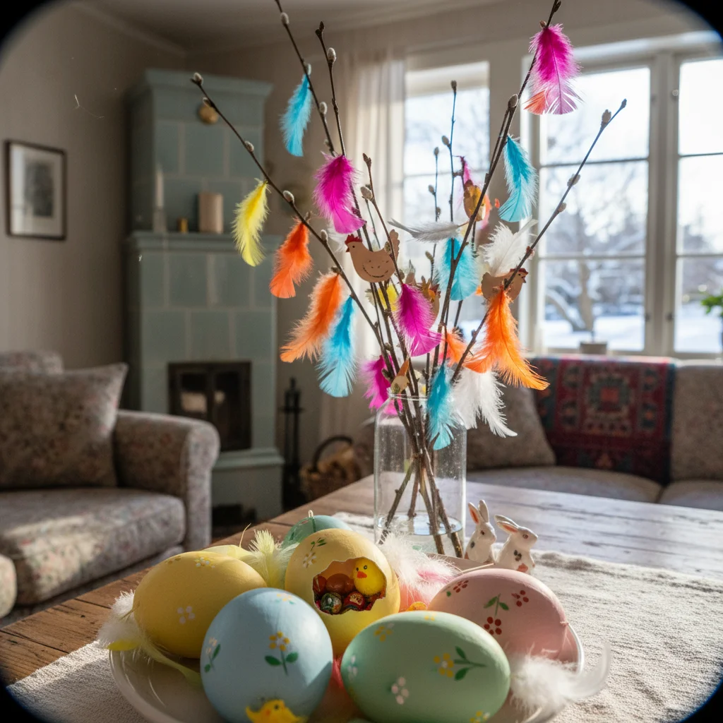 Bunte schwedische Pappostereier und Osterdekorationen mit Federn und Birkenreisern