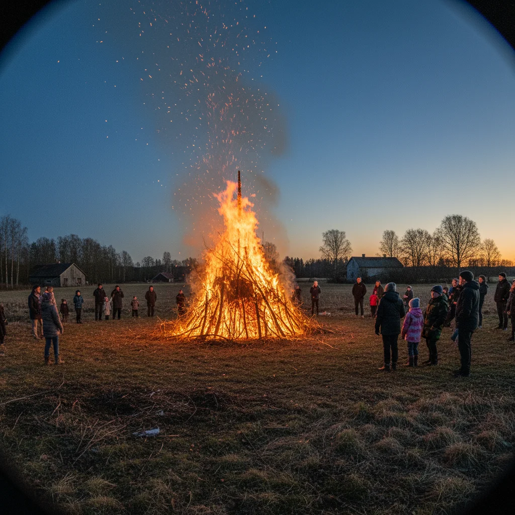 Großes Osterfeuer in Schweden mit Zuschauern am Abend