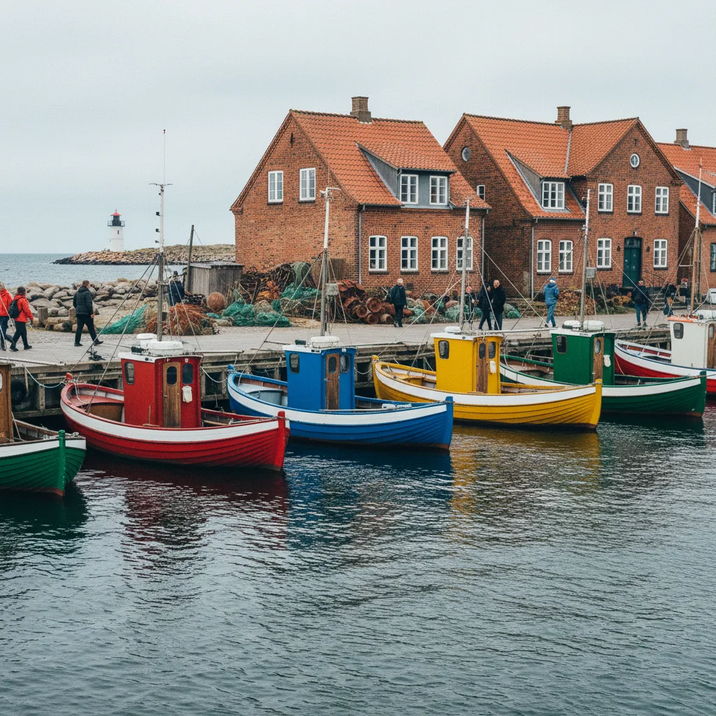 Kleiner Fischerhafen an der dänischen Ostseeküste mit bunten Booten und Backsteingebäuden