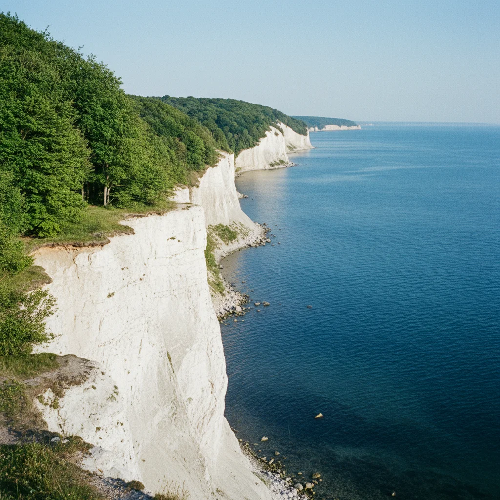 Weiße Kreidefelsen von Møns Klint über der blauen Ostsee mit grünem Buchenwald oben
