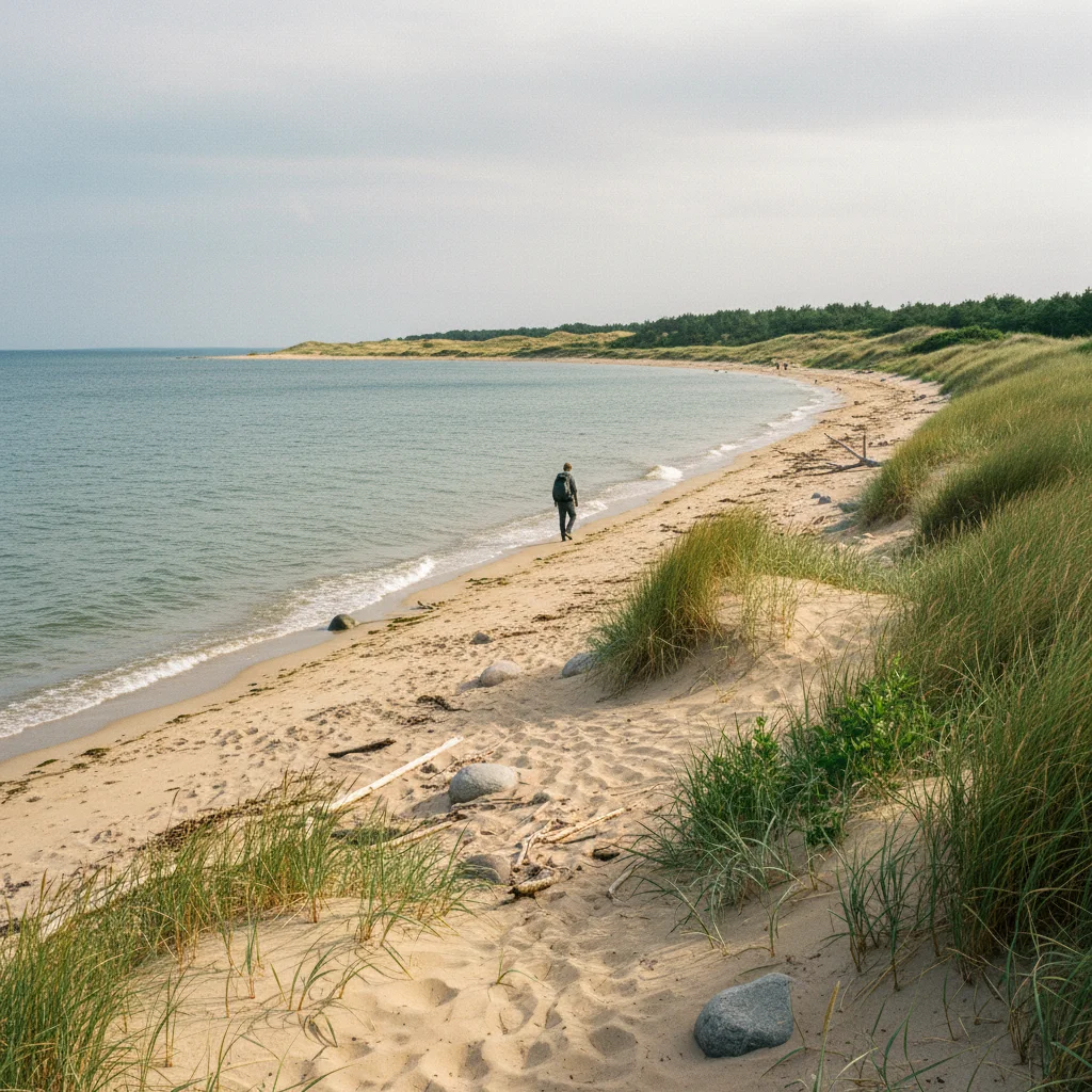 Sandstrand an der dänischen Ostseeküste mit ruhigem blauem Wasser und grüner Vegetation