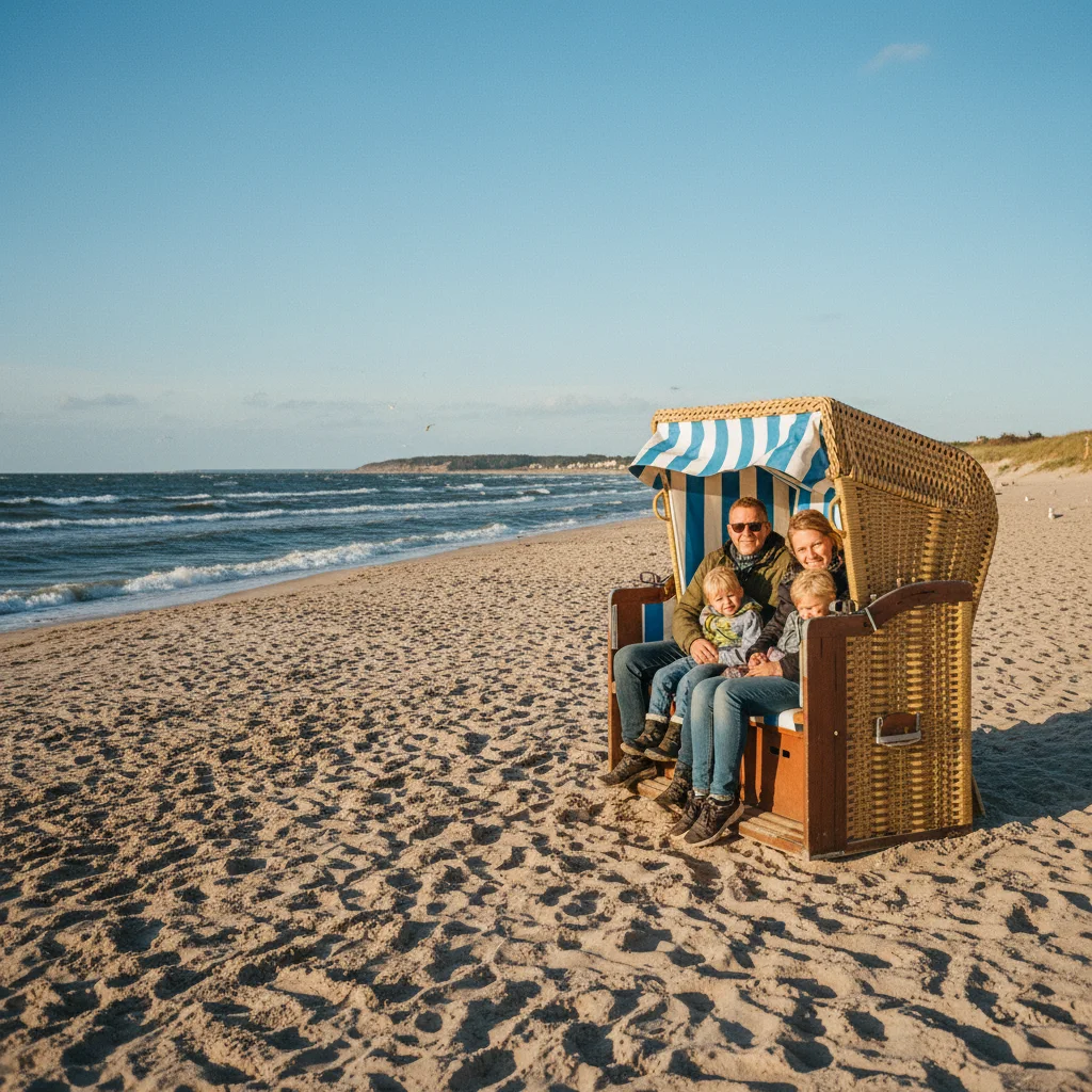 Familie im Strandkorb am Ostseestrand bei Sonnenschein