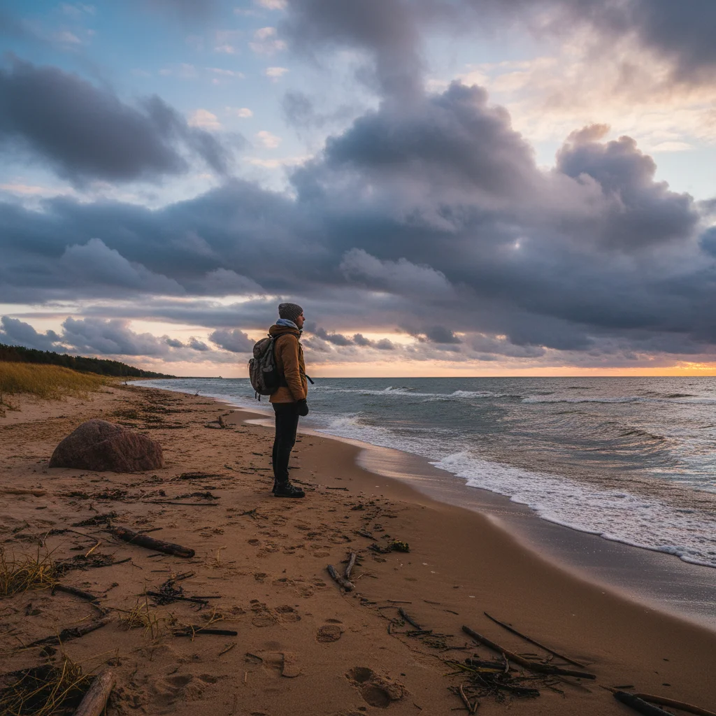 Herbstlicher Strandspaziergang an der Ostsee mit dramatischem Wolkenhimmel