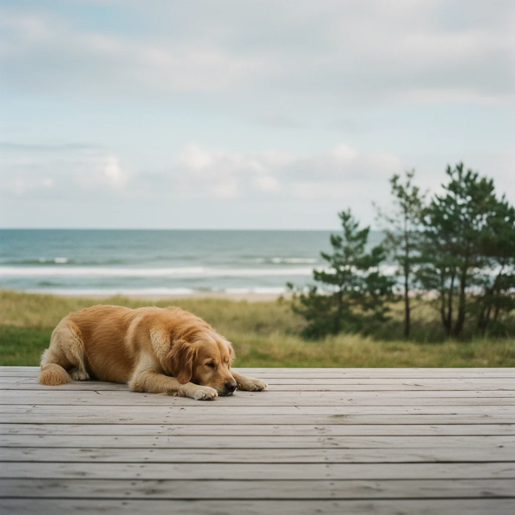 Hund liegt auf der Terrasse eines Ferienhauses an der Ostsee