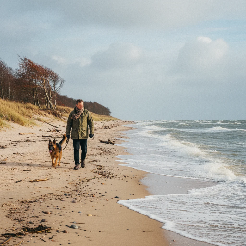 Hund und Besitzer wandern am herbstlichen Ostseestrand bei Windwetter