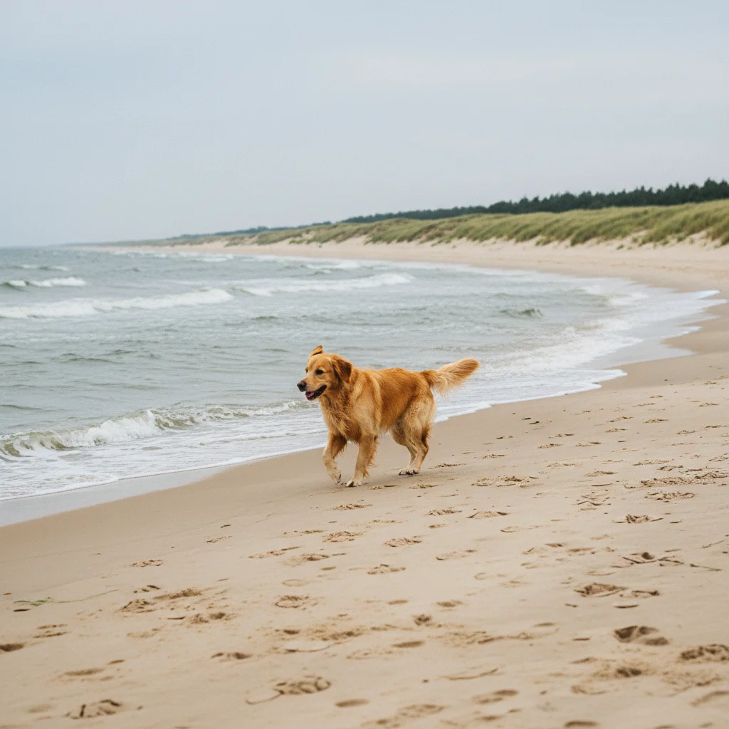 Hund läuft frei am breiten Ostseestrand mit Wellen und Dünen im Hintergrund