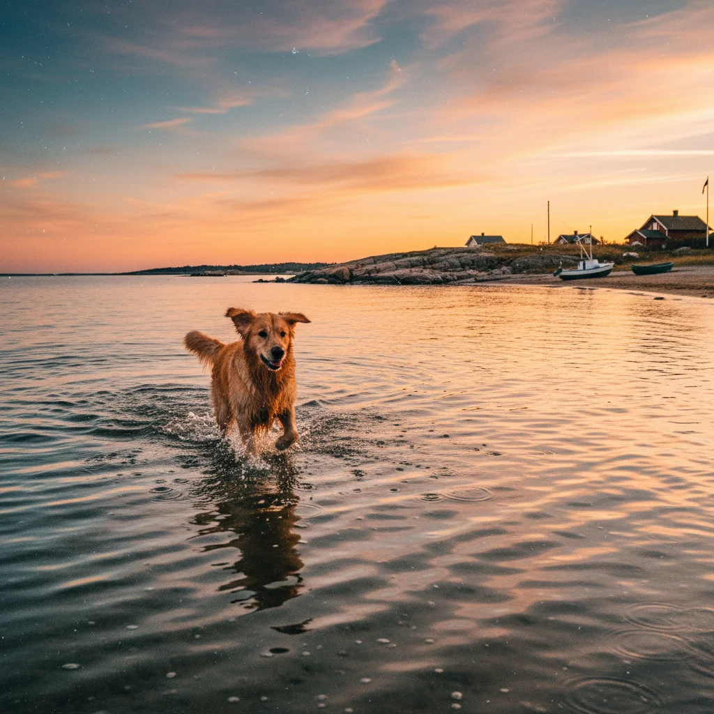Hund spielt im flachen Ostseewasser bei Sonnenuntergang
