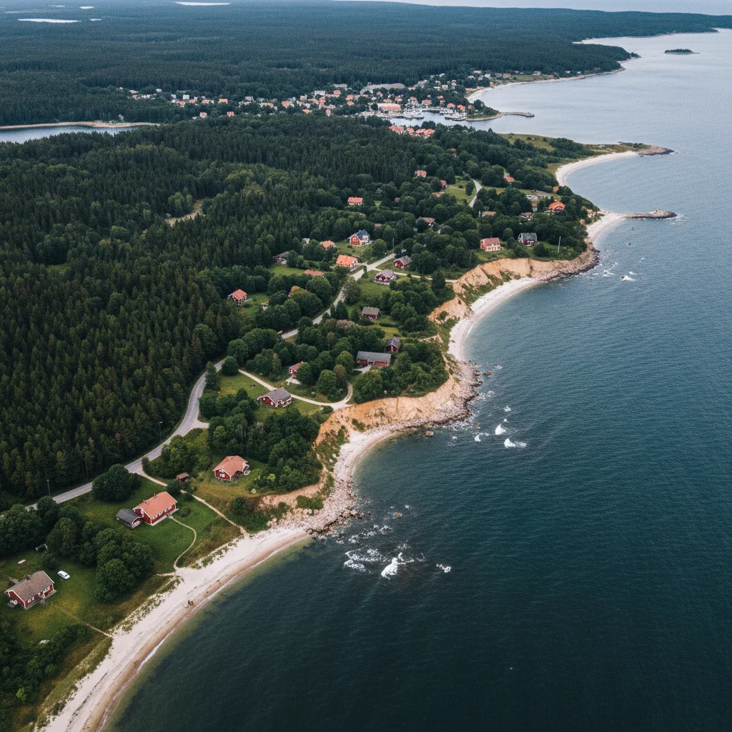 Luftaufnahme einer Ostsee-Insel mit Küste, Wäldern und kleinen Ortschaften