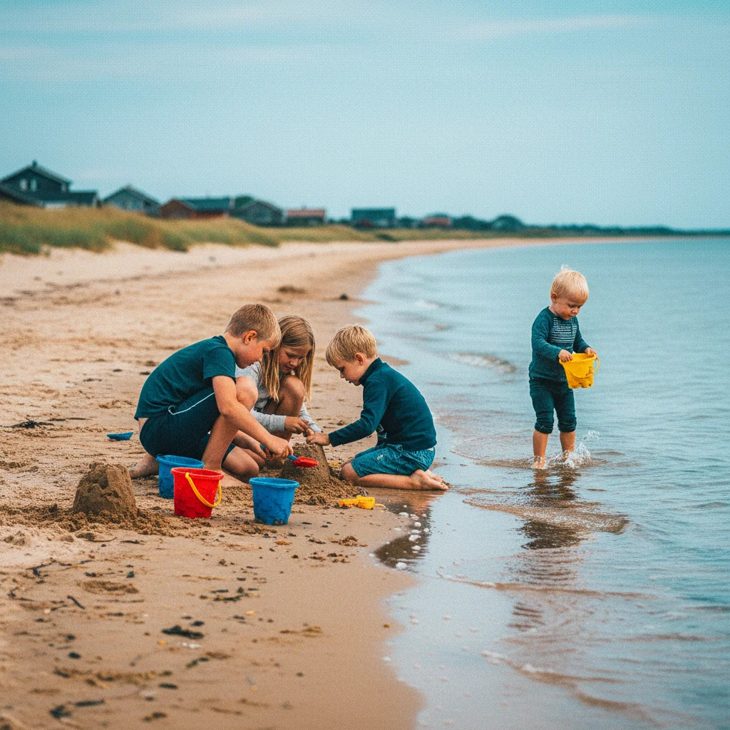 Kinder spielen am flachen Ostseestrand mit Sandburgen und Eimern