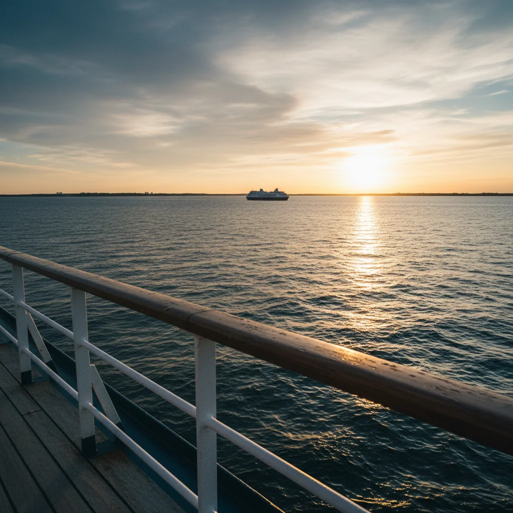 Helles Abendlicht über der Ostsee im Sommer mit Schiffsgeländer im Vordergrund