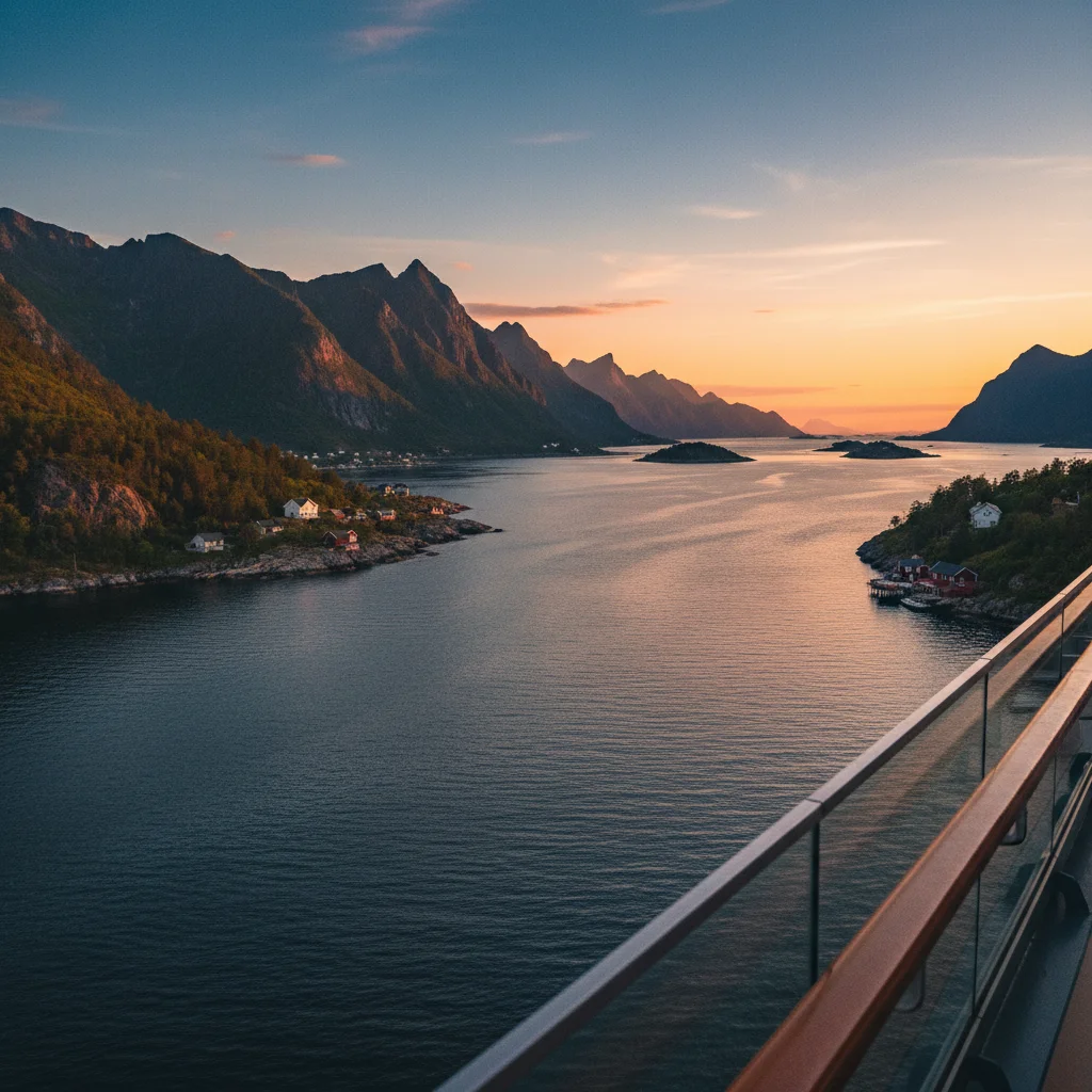 Blick vom Kreuzfahrtschiff auf eine skandinavische Küstenlandschaft bei Sonnenuntergang