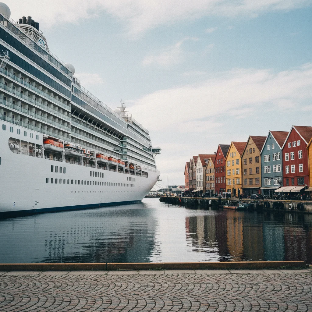 Kreuzfahrtschiff im Hafen einer skandinavischen Stadt mit bunten Häusern