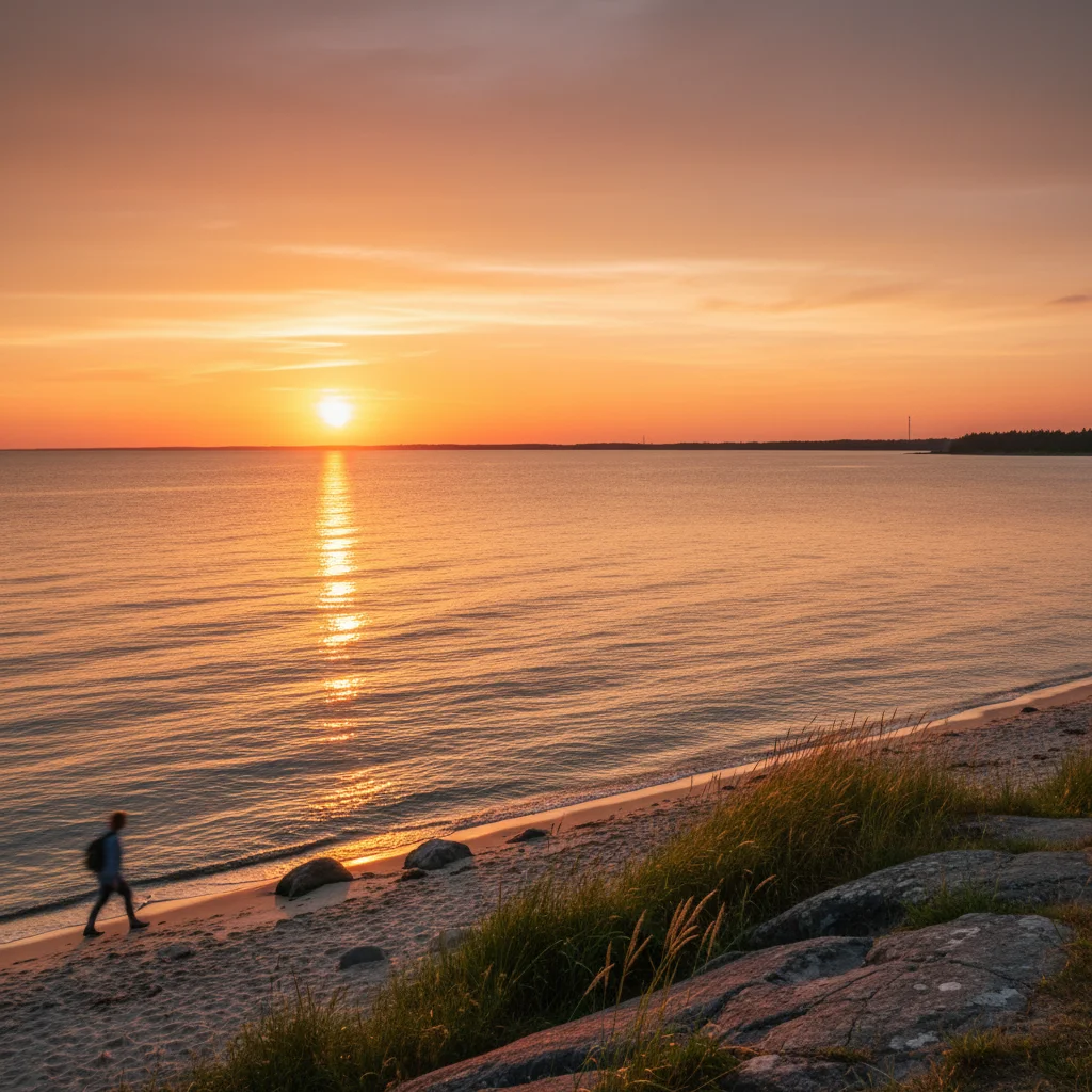 Goldenes Abendlicht über der ruhigen Ostsee im Juni mit warmem Farbverlauf