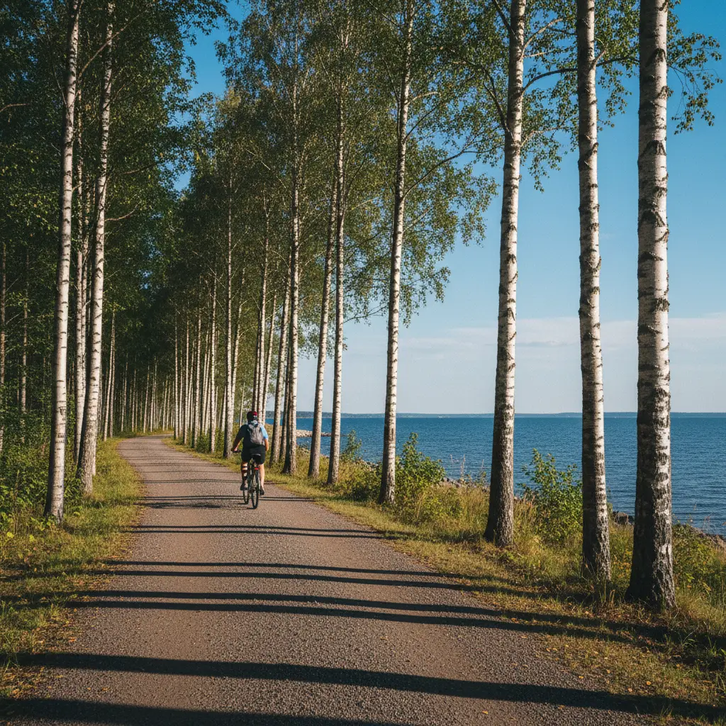 Radweg entlang der finnischen Küste mit Birkenwald und blauem Himmel