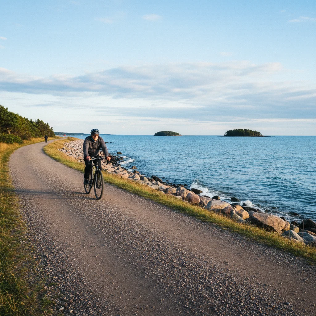 Radfahrer auf einem Küstenradweg entlang der Ostsee mit Blick auf das Meer