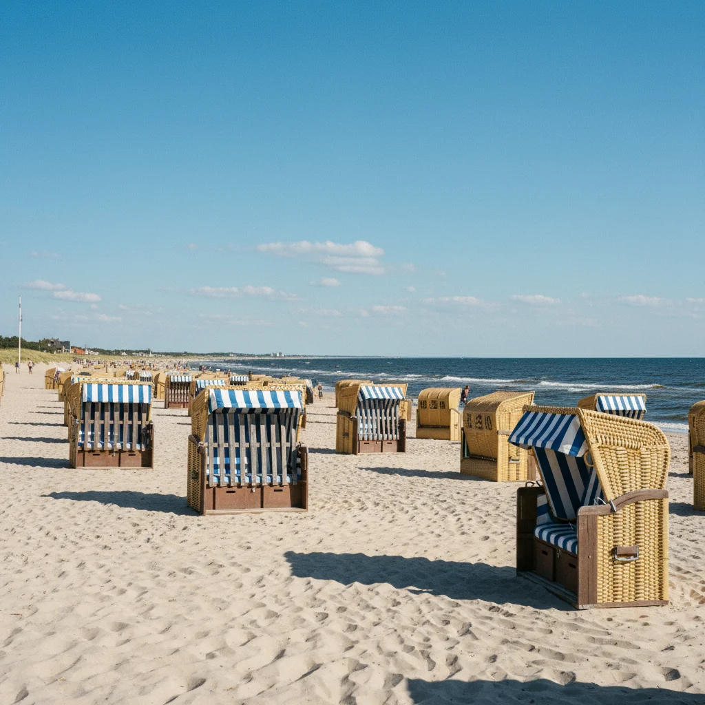 Breiter Sandstrand an der Ostsee im Sommer mit Strandkörben unter blauem Himmel