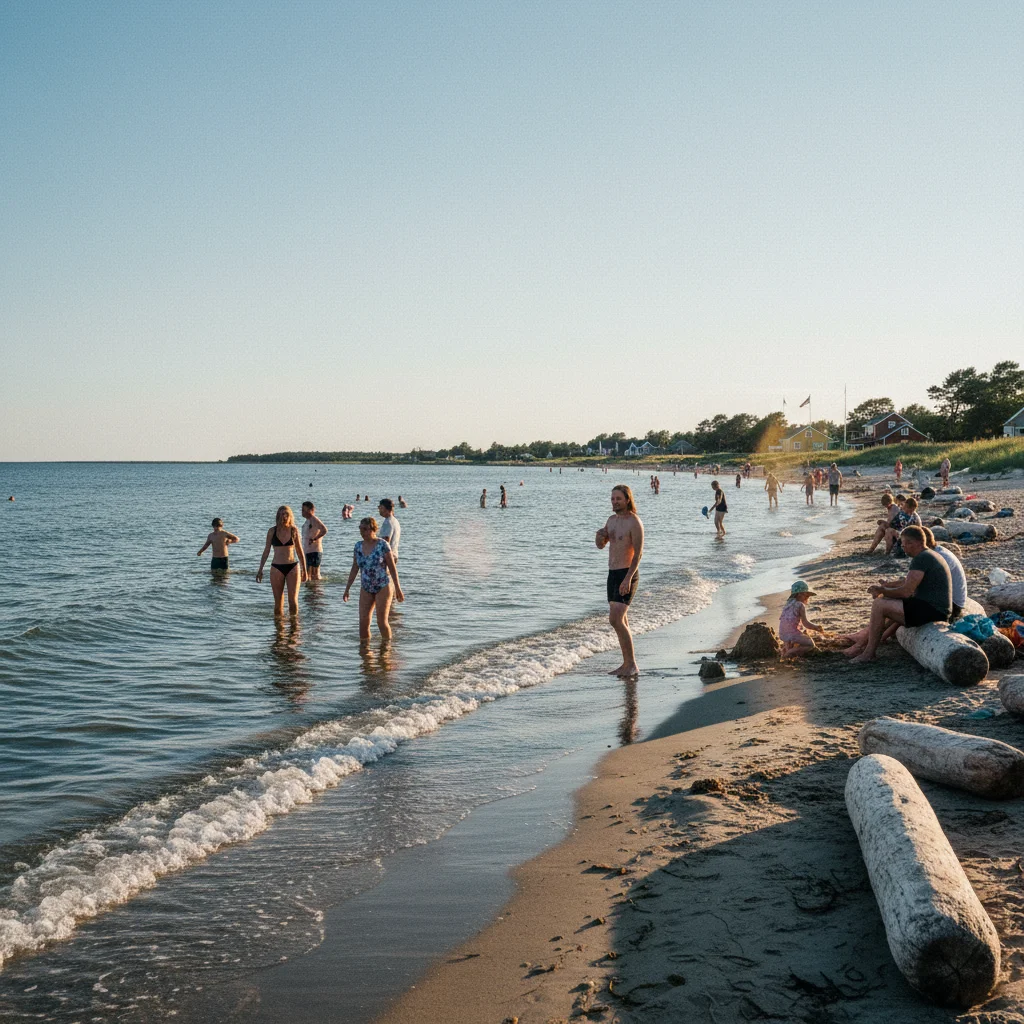 Badende an einem flachen Ostseestrand bei warmem Sommerwetter