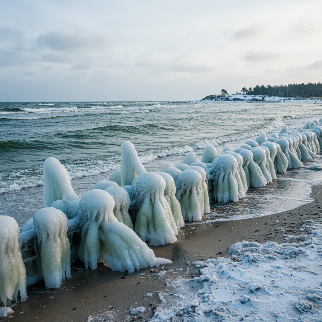 Vereiste Buhnen und Eisformationen an einem Ostseestrand im Winter