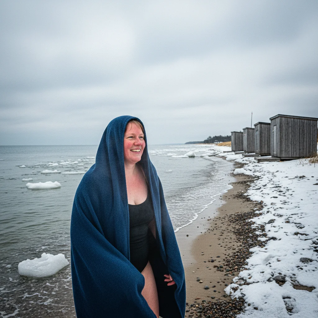Winterbader am Ostseestrand bei kaltem Winterwetter