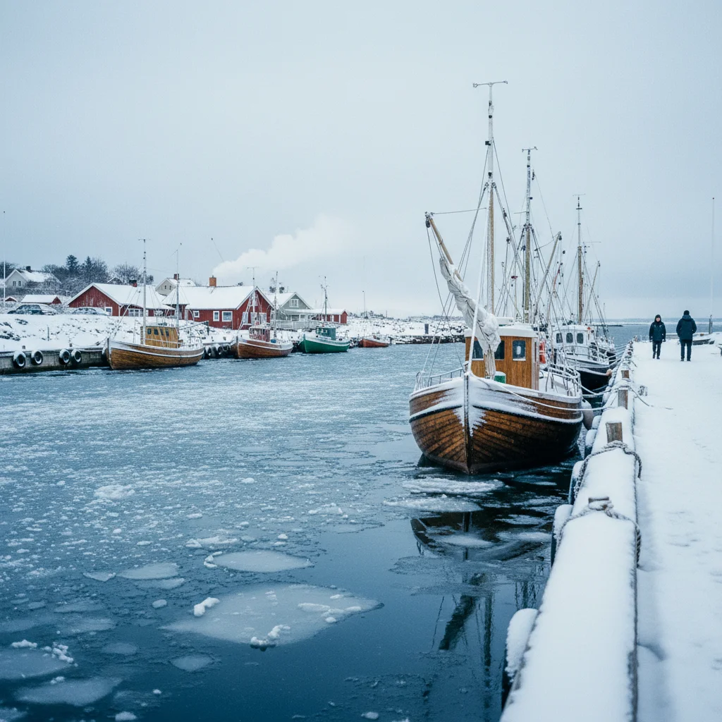 Winterlicher Fischereihafen an der Ostseeküste mit verschneiten Booten