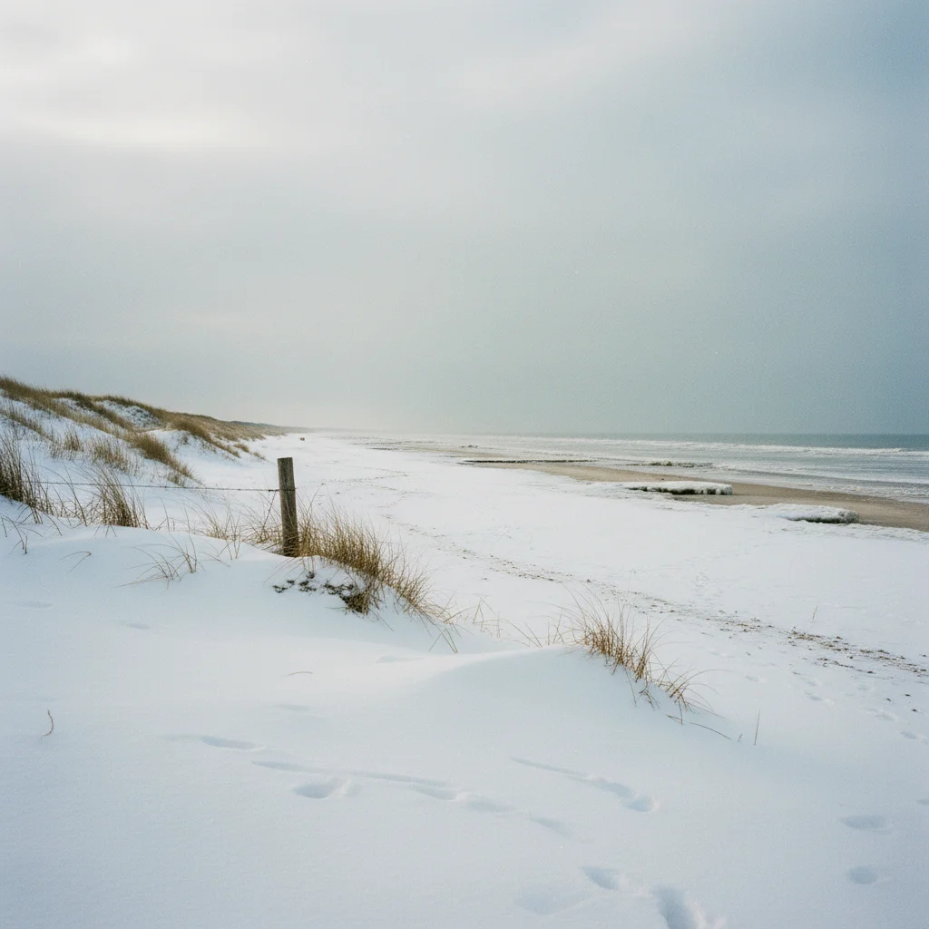 Leerer Ostseestrand im Winter mit Schnee auf den Dünen