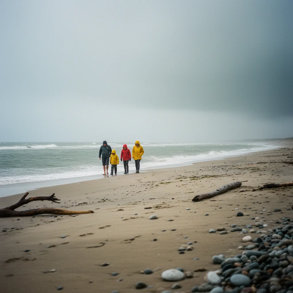 Familie im Regen am dänischen Strand