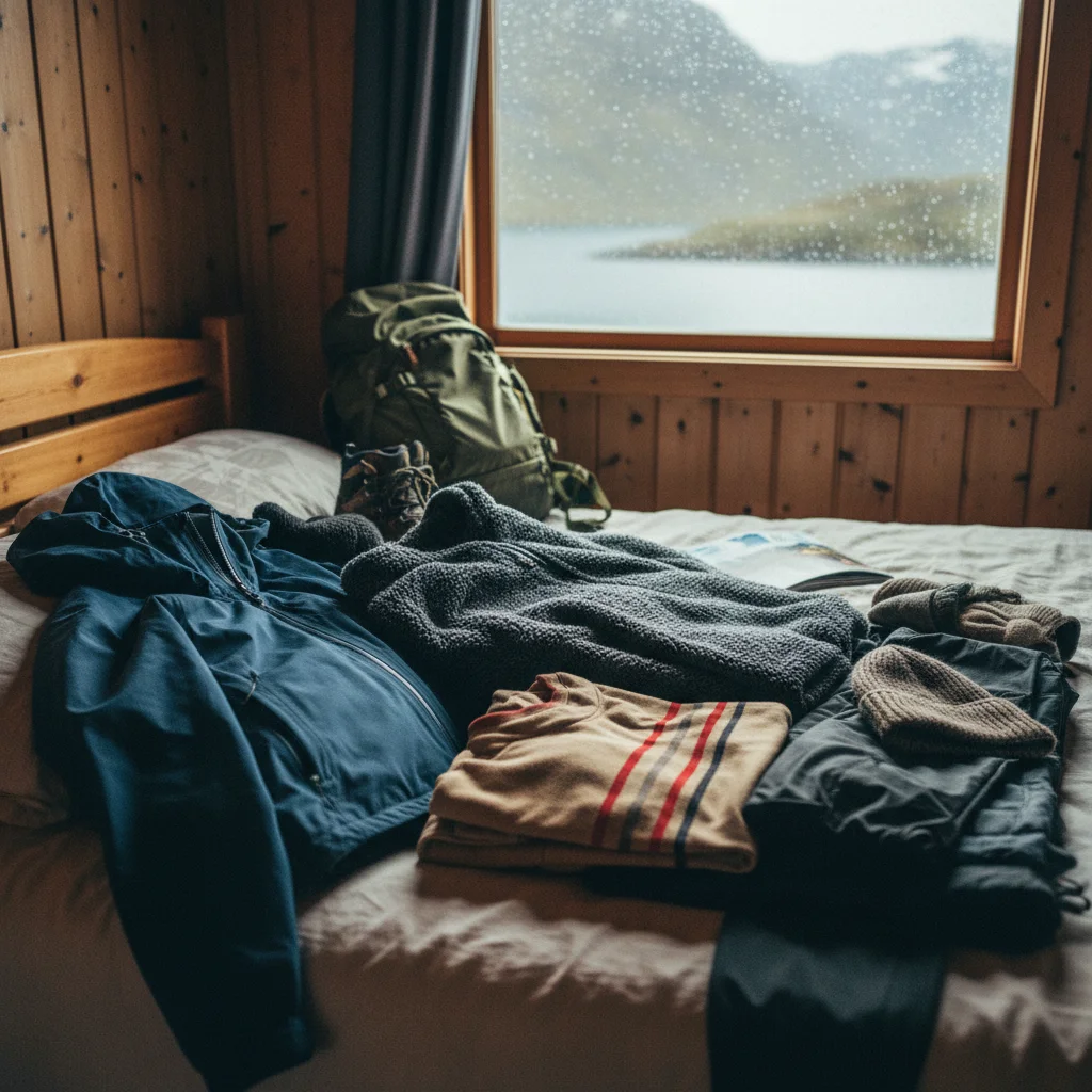 Outdoorkleidung für Island auf einem Bett ausgebreitet mit Regenjacke, Fleece und Merinowolle
