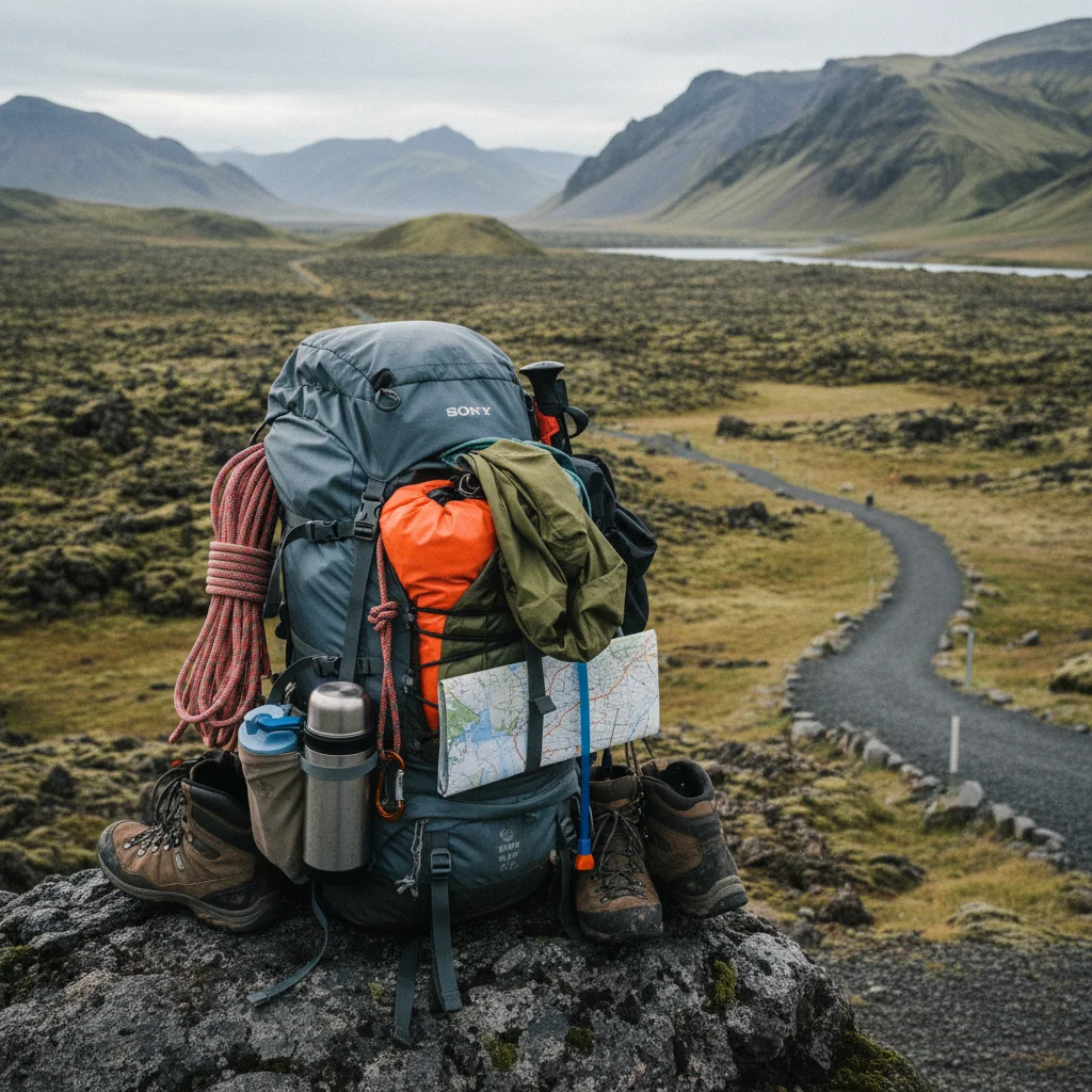 Tagesrucksack mit Outdoorausrüstung gepackt für eine Wanderung in Island