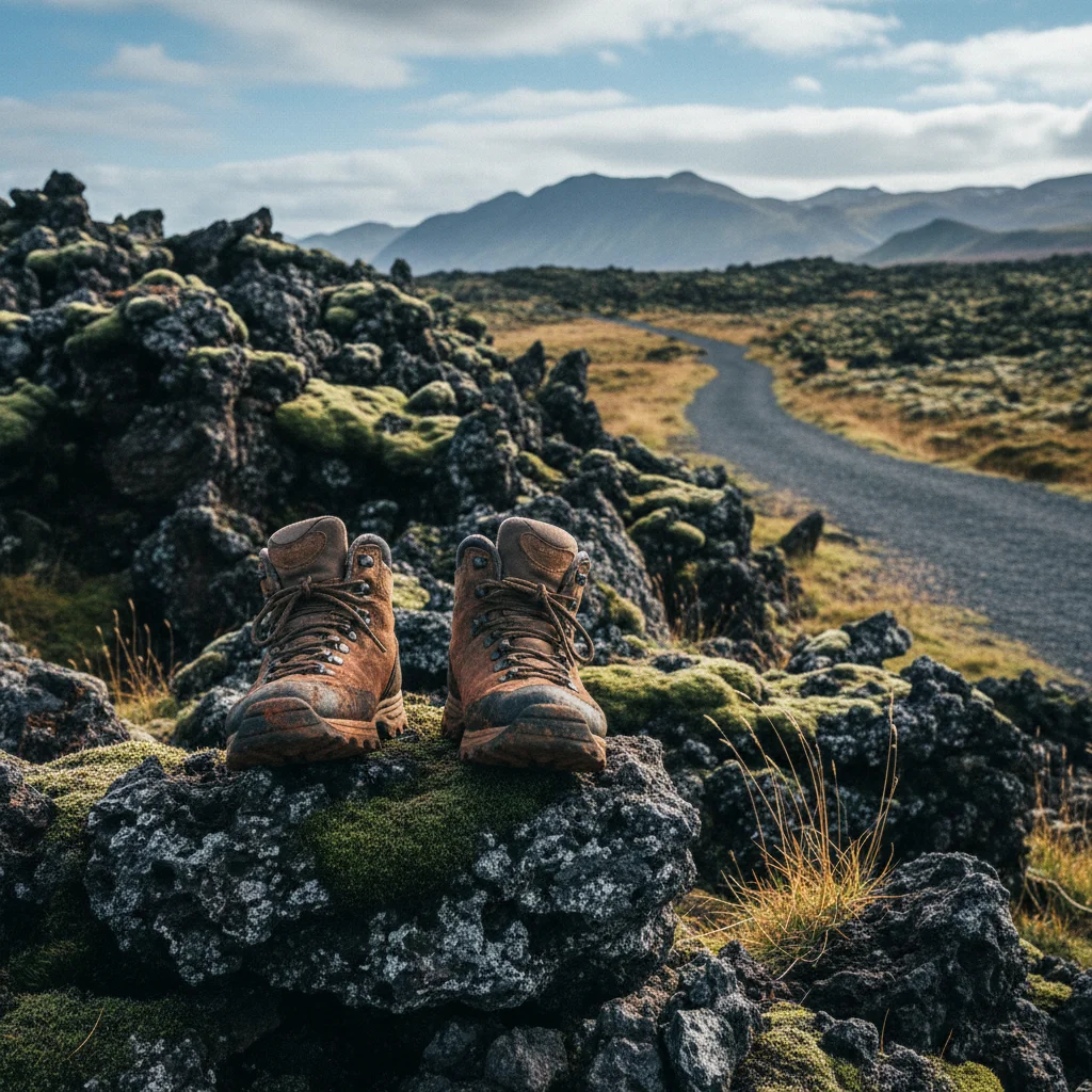 Robuste Wanderschuhe auf vulkanischem Gestein in Island