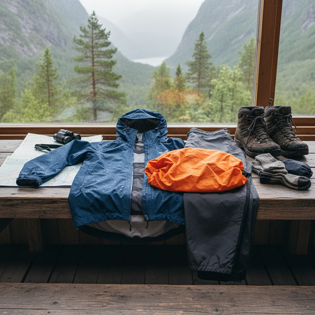 Wanderer in Regenkleidung auf einem nebligen Bergpfad in Norwegen