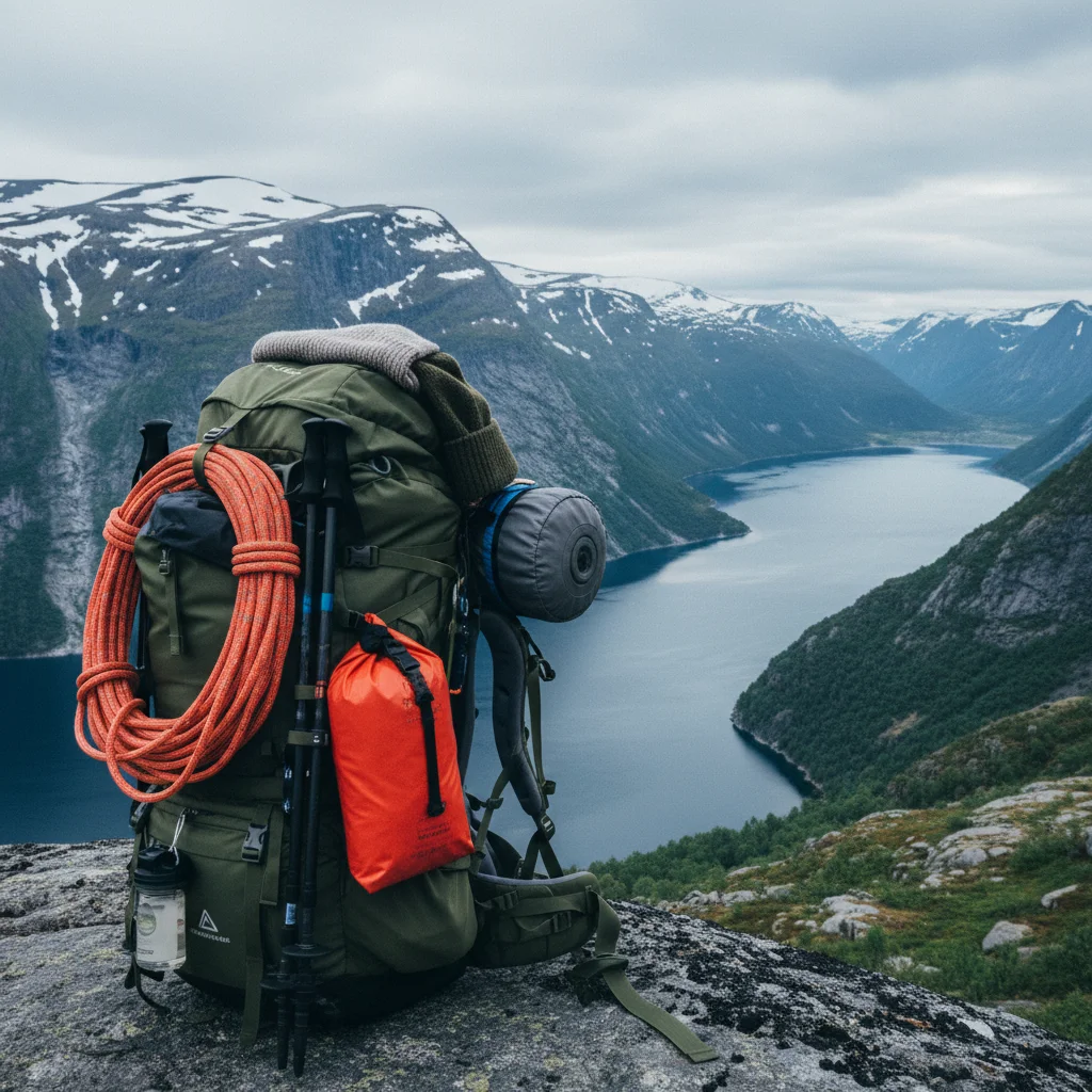Gepackter Wanderrucksack mit Ausrüstung für eine Norwegenreise